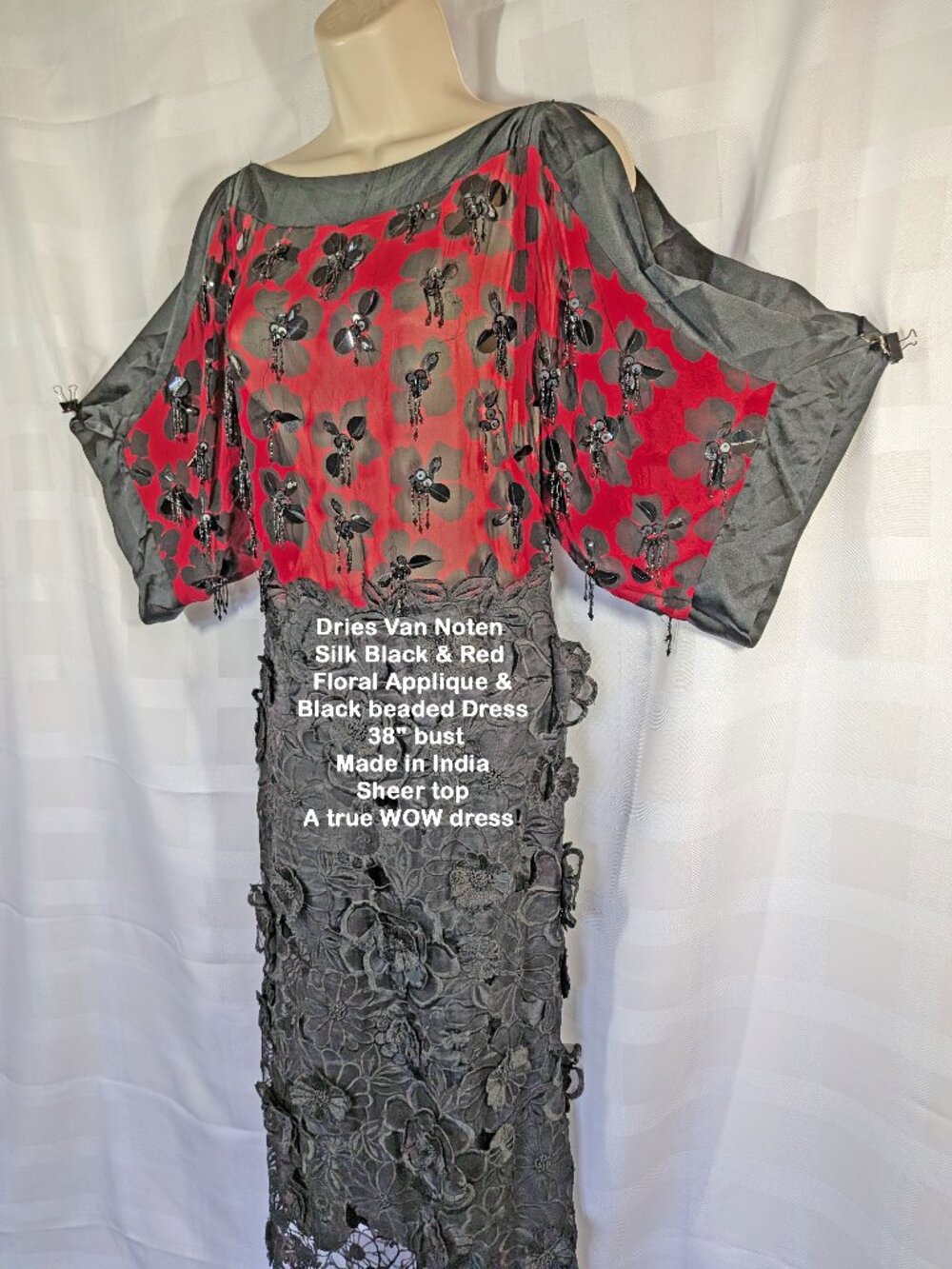 Dries Van Noten Silk Black & Red Floral Applique Dress, 38" bust, Made in India - Picture 3 of 17